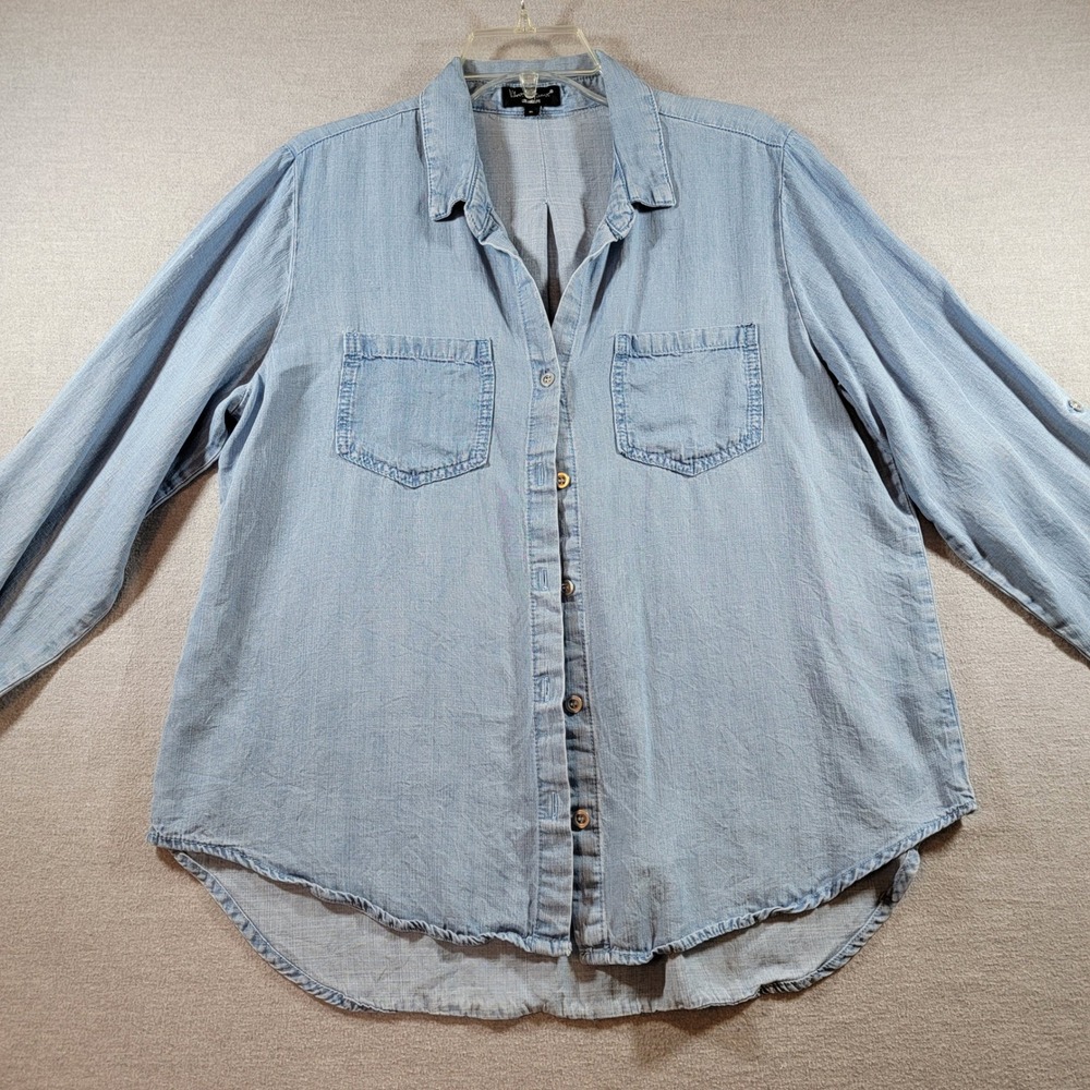 Velvet Heart Button Down Shirt Womens XL Blue Excellent Tencel Roll Tab Sleeve